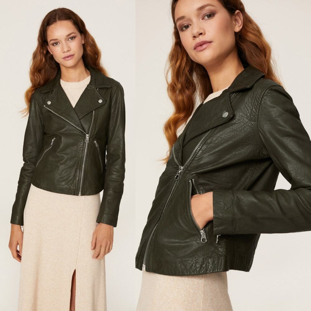 Madewell Washed Leather Motorcycle Jacket Dark Green Size XS Preowned - Picture 2 of 10